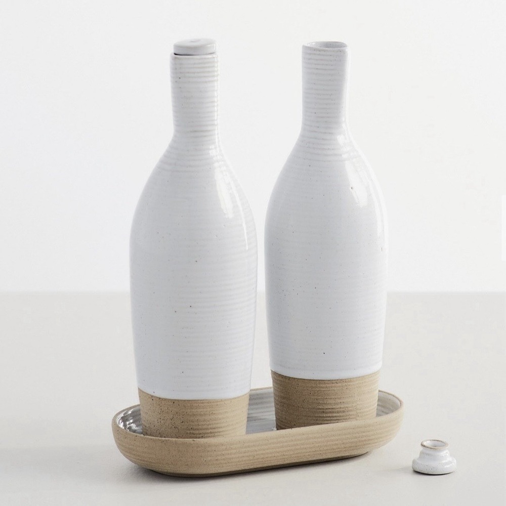 Pottery Barn Quinn Oil & Vinegar Cruet Set White Tan Stoneware Bottles & Tray